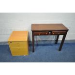 A MAHOGANY SIDE TABLE, with two drawers, width 92cm x depth 41cm x height 77cm, and a beech three