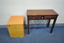 A MAHOGANY SIDE TABLE, with two drawers, width 92cm x depth 41cm x height 77cm, and a beech three