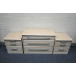 A LOW MODERN BEECH CHEST OF THREE LONG DRAWERS, width 93cm x depth 49cm x height 70cm, and a pair of