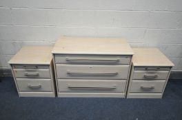 A LOW MODERN BEECH CHEST OF THREE LONG DRAWERS, width 93cm x depth 49cm x height 70cm, and a pair of