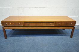 A MID CENTURY GREAVES AND THOMAS AFROMOSIA COFFEE TABLE, with three drawers, unmarked, 150cm x depth