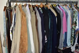 A QUANTITY OF VINTAGE MENS CLOTHING TO INCLUDE SUITS, JACKETS, SHIRTS AND TROUSERS ETC, jacket sizes