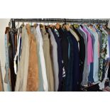 A QUANTITY OF VINTAGE MENS CLOTHING TO INCLUDE SUITS, JACKETS, SHIRTS AND TROUSERS ETC, jacket sizes