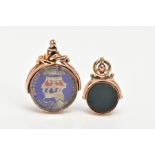 TWO 9CT GOLD SWIVEL FOBS, the first a bloodstone and carnelian fob in a polished gold mount,