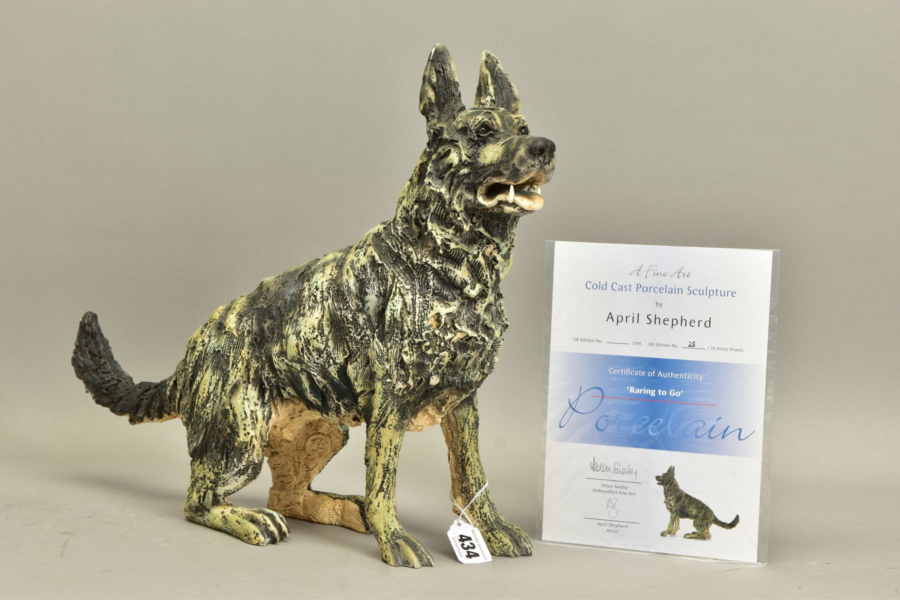 APRIL SHEPHERD (BRITISH CONTEMPORARY) 'RARING TO GO' an artist proof sculpture of an Alsatian dog