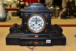 A VICTORIAN SLATE MANTLE CLOCK WITH OPEN ESCAPEMENT TO THE DIAL, Roman numerals to the enamel