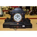 A VICTORIAN SLATE MANTLE CLOCK WITH OPEN ESCAPEMENT TO THE DIAL, Roman numerals to the enamel