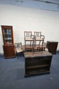 A SELECTION OF MAHOGANY FURNITURE, to include a dining table with six chairs, cocktail wall unit,
