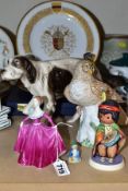 A GROUP OF CERAMIC FIGURES AND TWO PLATES, to include a boxed Spode Lichfield Cathedral plate