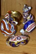 FIVE ROYAL CROWN DERBY PAPERWEIGHTS, comprising a cat height 13cm, no stopper, crab width 11cm,