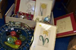 A VINTAGE SUITCASE CONTAINING PICTURES AND A COLLECTION OF PERFUME BOTTLES WITH A LARGE GLASS BOWL