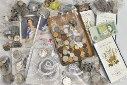 A BOX OF WORLD COINS AND COMMEMORATIVES, to include a Packet of coins with silver content, a 1909