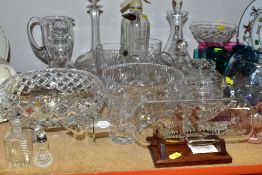 A GROUP OF CUT CRYSTAL AND OTHER GLASSWARES, to include an Hourglass, Staffordshire hand blown glass