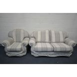 A CREAM AND STRIPPED TWO PIECE LOUNGE SUITE, comprising a two seater settee and a pair of armchairs