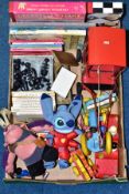 A BOX OF TOYS, GAMES AND CHILDREN'S BOOKS, ETC, including a Kiddicraft Forest Toys pull along wooden