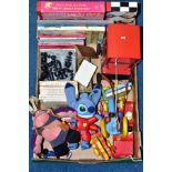 A BOX OF TOYS, GAMES AND CHILDREN'S BOOKS, ETC, including a Kiddicraft Forest Toys pull along wooden