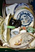 A BOX OF ASSORTED CERAMICS, to include an eighteenth century delft plate painted with oriental