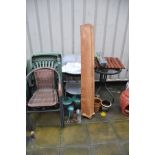 A SELECTION OF GARDEN FURNITURE including a round glass topped garden table 60cm in diameter, a