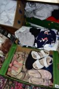 FIVE BOXES OF LADIES CLOTHING, SHOES, SLIPPERS, BEDDING, ETC, including five pairs of size 5