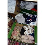 FIVE BOXES OF LADIES CLOTHING, SHOES, SLIPPERS, BEDDING, ETC, including five pairs of size 5