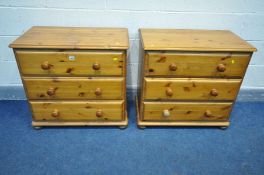 TWO PINE CHEST OF THREE DRAWERS, width 77cm x depth 43cm x height 72cm