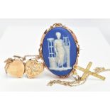 A WEDGWOOD CAMEO BROOCH AND TWO PENDANT NECKLACES, the cameo of an oval form, blue and white