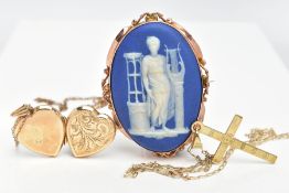 A WEDGWOOD CAMEO BROOCH AND TWO PENDANT NECKLACES, the cameo of an oval form, blue and white