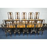 A MID TO LATE 20TH CENTURY WALNUT TRIPLE 10FT6 PEDESTAL DINING TABLE, with two additional leaves, on