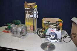A COLLECTION OF POWERTOOLS comprising of a Bosch PKS46 circular saw (PAT fail due to uninsulated