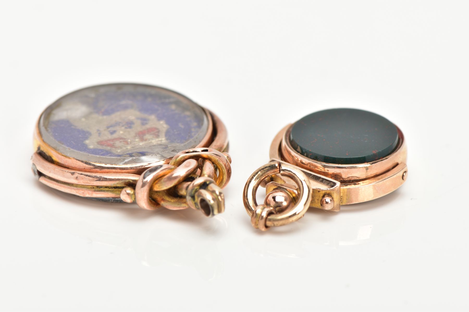 TWO 9CT GOLD SWIVEL FOBS, the first a bloodstone and carnelian fob in a polished gold mount, - Image 3 of 4