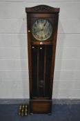 AN OAK ART DECO LONGCASE CLOCK, with a 11 inch brassed dial, and Arabic numerals, height 190cm (