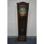 AN OAK ART DECO LONGCASE CLOCK, with a 11 inch brassed dial, and Arabic numerals, height 190cm (