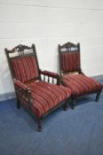 A PAIR EDWARDIAN MAHOGANY PARLOUR CHAIRS, one with armrests