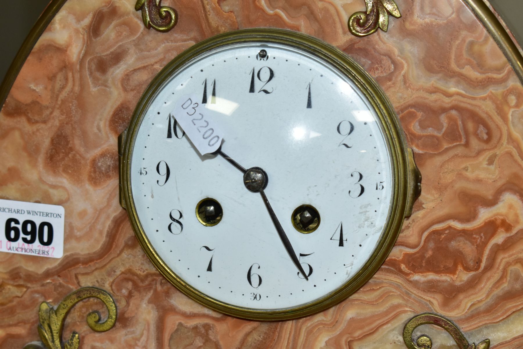 AN EARLY 20TH CENTURY JAPY FRERES ORANGE MARBLE ARCH SHAPED MANTEL CLOCK, the white enamel dial with - Image 2 of 9