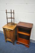AN EDWARDIAN MAHOGANY POT CUPBOARD, an open bookcase and a small corner what-not (3)