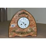 AN EARLY 20TH CENTURY JAPY FRERES ORANGE MARBLE ARCH SHAPED MANTEL CLOCK, the white enamel dial with