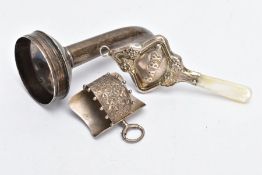 THREE LATE VICTORIAN SILVER ITEMS, to include a Victorian silver baby rattle with a mother of