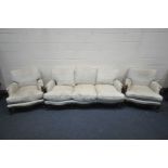 A FRENCH STYLE THREE PIECE LOUNGE SUITE, comprising a three seater sofa, length 193cm, and a pair of
