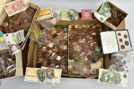 A LARGE BOX OF MIXED WORLD COINAGE, to include over 300 grams of .500 silver coins or better, a