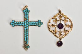 TWO EARLY 20TH CENTURY PENDANTS, the first an open work foliage design pendant set with two circular