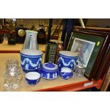 A GROUP OF CERAMICS, GLASSWARES AND PICTURES, to include five pieces of Wedgwood jasperware with