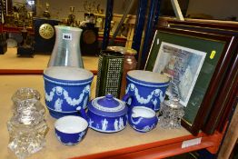 A GROUP OF CERAMICS, GLASSWARES AND PICTURES, to include five pieces of Wedgwood jasperware with