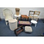 A QUANTITY OF OCCASIONAL FURNITURE, to include a wicker armchair, Lloyd loom linen basket, three