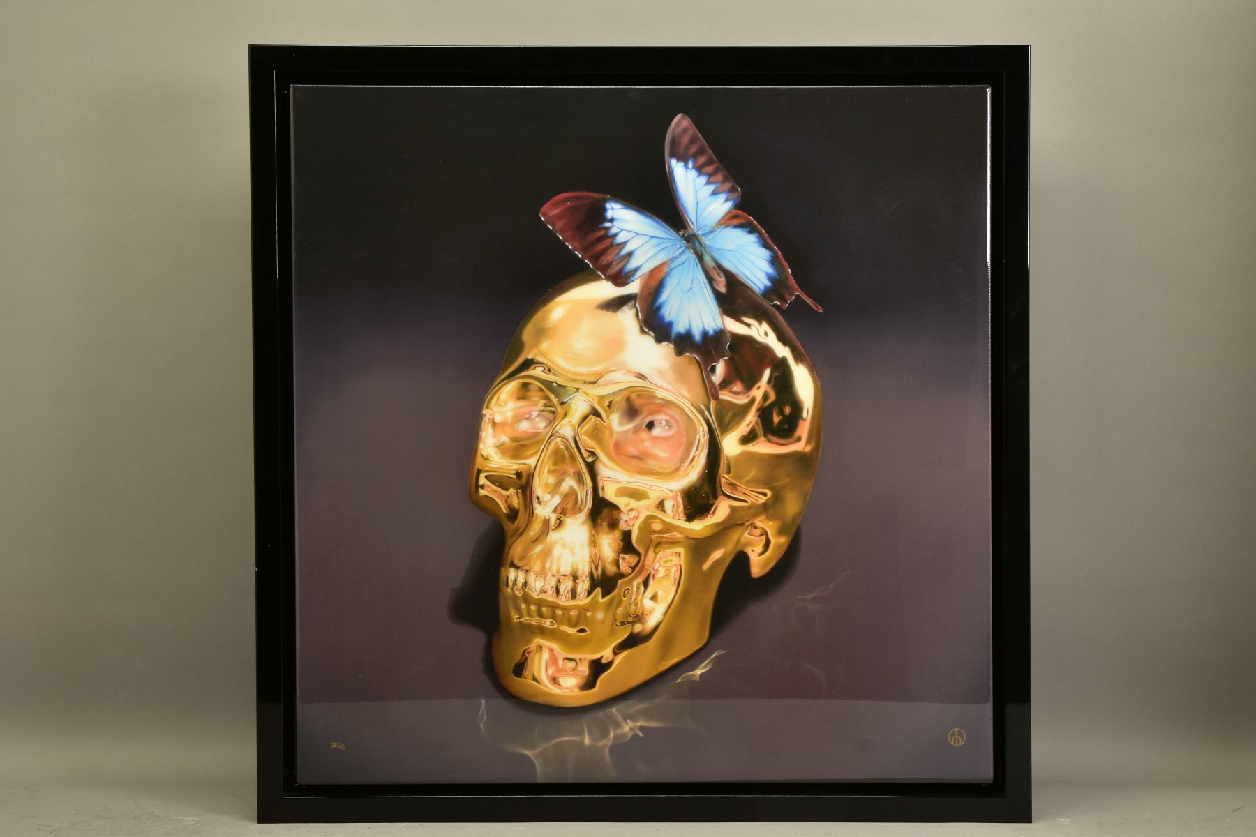 RORY HANCOCK (BRITISH 1987) 'BUTTERFLY KISS' a signed limited edition box canvas print of a skull
