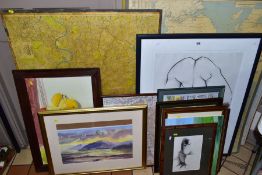 PICTURES, PRINTS AND MAPS ETC, to include a nude charcoal sketch signed Pam Brittain? (19)95,