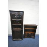 AN OAK OPEN BOOKCASE with double cupboard doors, width 84cm x depth 26cm x height 103cm (broken