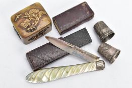 A SILVER FRUIT KNIFE AND OTHER ITEMS, a silver fruit knife with a carved mother of pearl handle,