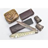 A SILVER FRUIT KNIFE AND OTHER ITEMS, a silver fruit knife with a carved mother of pearl handle,