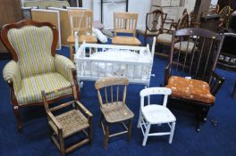 A PAIR OF BEECH HIGH CHAIRS, three vintage child's chairs, and a rocking crib (6)