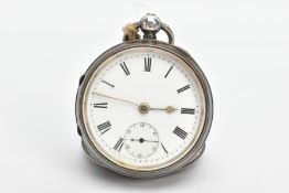 A SILVER OPEN FACE POCKET WATCH, round white dial, Roman numerals, seconds subsidiary dial at the